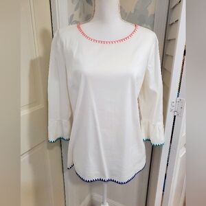 Talbots White Blouse with Colorful Trim and 3/4 Bell Sleeves, Medium